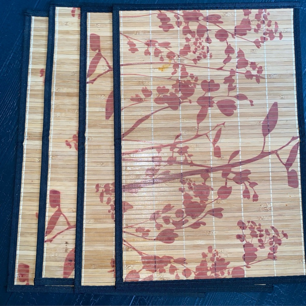 Vintage Asian Placemats Set Of‎ 4 Floral Bamboo